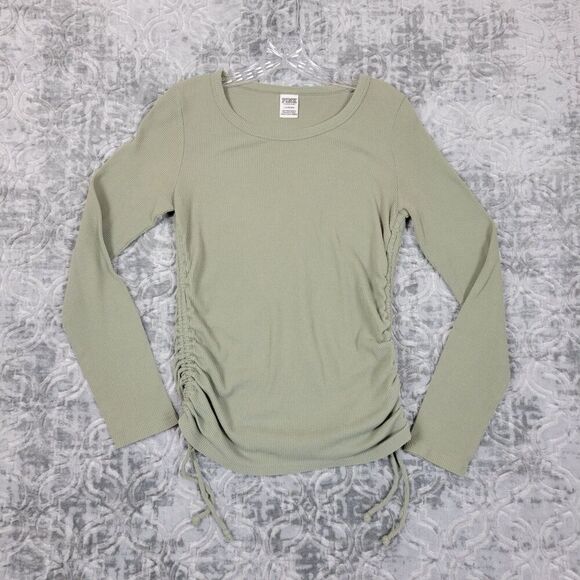 Pink Victorias Secret Top Women's Large Green Shirt Logo Waffle Knit Thermal - Picture 1 of 10